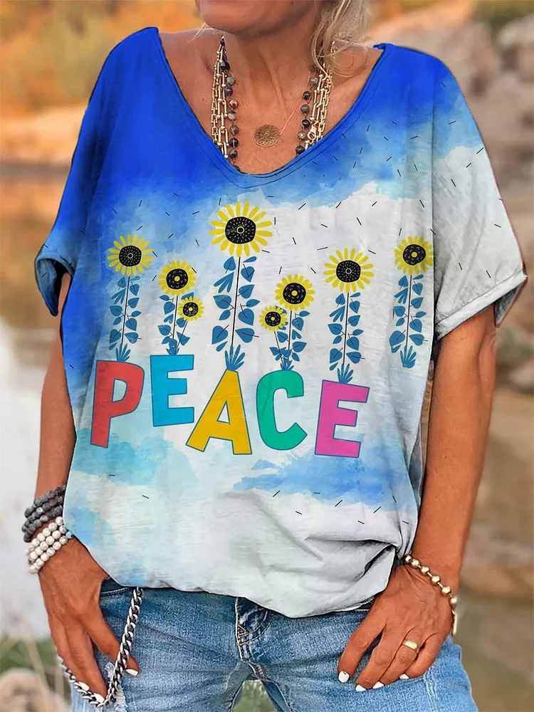 Women's V Neck Peace Sunflower Print Top socialshop