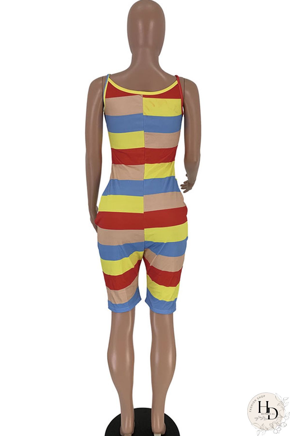 Green Sexy Fashion Patchwork Striped Print Polyester Sleeveless Slip Rompers