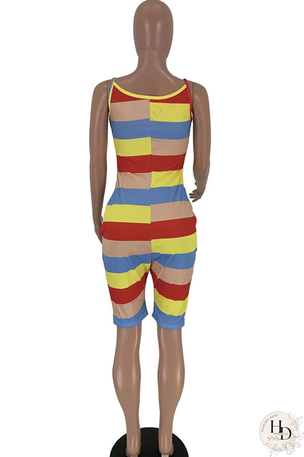 Green Sexy Fashion Patchwork Striped Print Polyester Sleeveless Slip Rompers