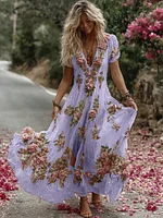 Women's Vintage Floral Embroidery Art Comfy Linen Maxi Dress - Image 6