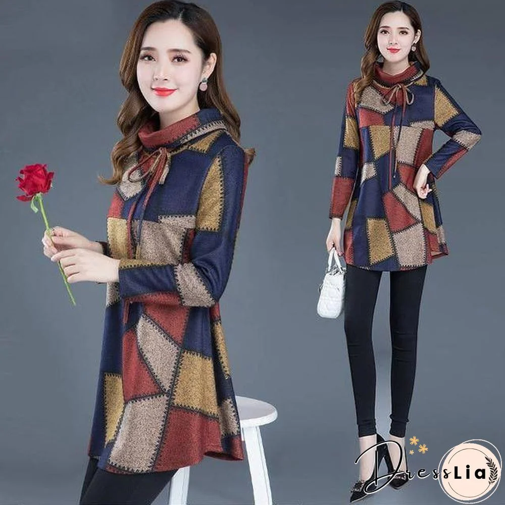 Tunic Women Long sleeve Plus size Tops Vintage Blouse Turtleneck Plaid Autumn Winter Warm Shirt Clothes Ladies Casual