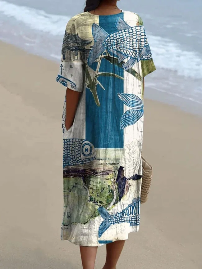 Women's Fish Art Cartoon Pattern Art Print Flowy Dress