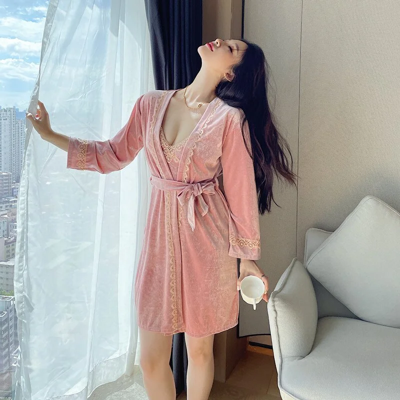 Autumn 2PCS Robe Gown Set Winter Velvet Women Sleepwear Lace Suspender Nightgown V-Neck Kimono Bathrobe Lingerie  Sleepwear