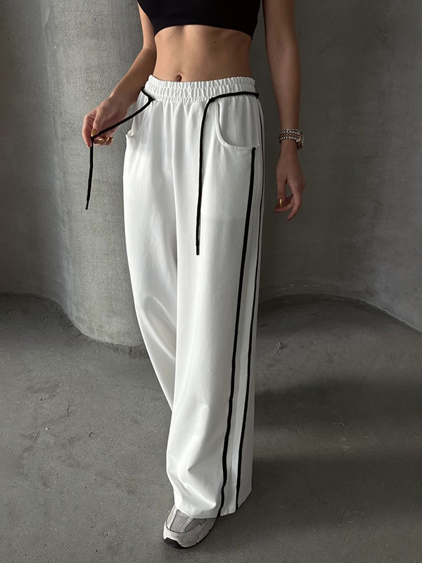 Loose Casual Drawstring Side Line Trim Straight Pants
