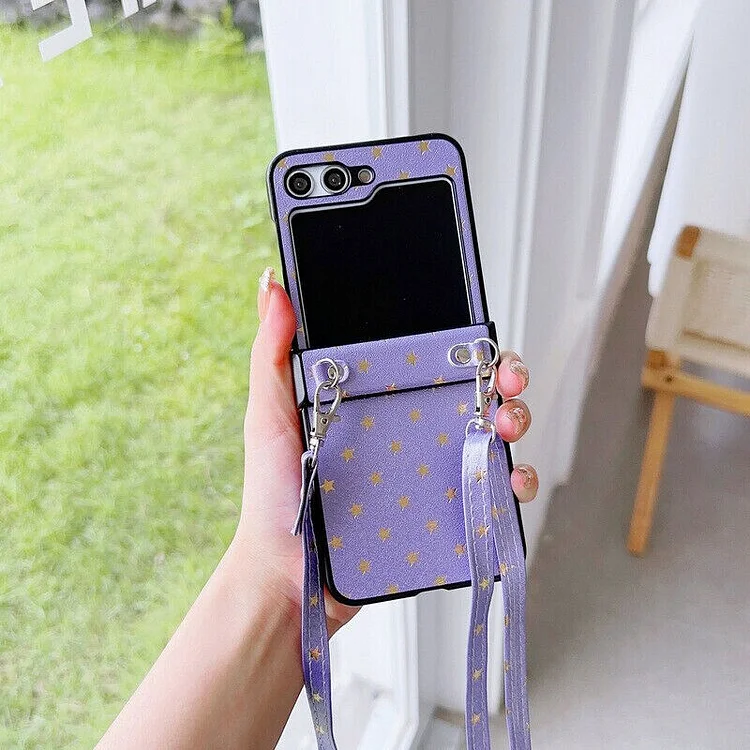 Crossbody Necklace Lanyard Stars Leather Case For Samsung Galaxy Z Flip5 Flip4 Flip3 5G Shockproof Soft Strap Back Cover Funda