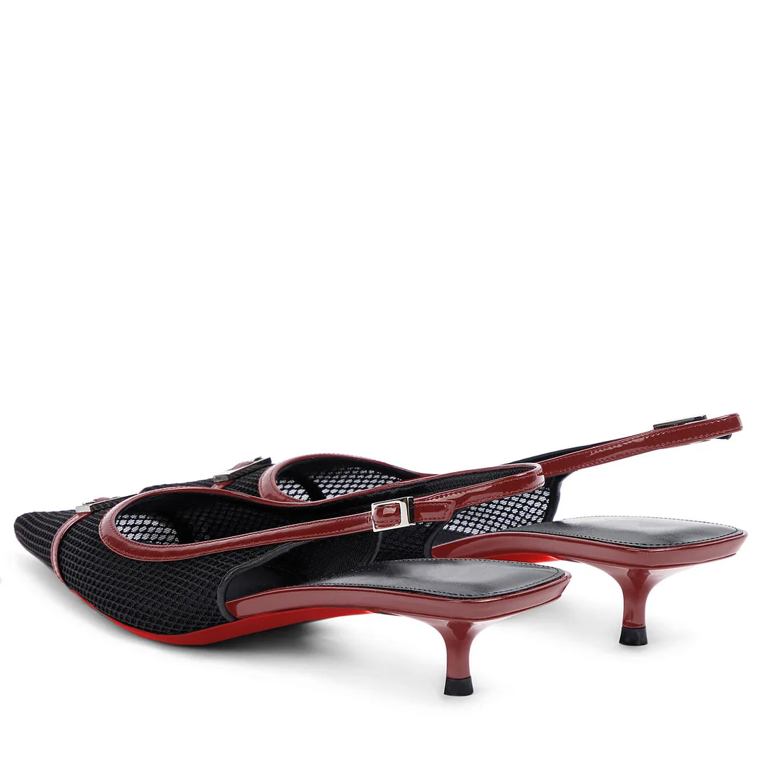 2.36" Women's Pointed Toe Red Bottom Sandals Slingback Shoes Kitten Heel Pumps Mesh Summer Shoes-MERUMOTE