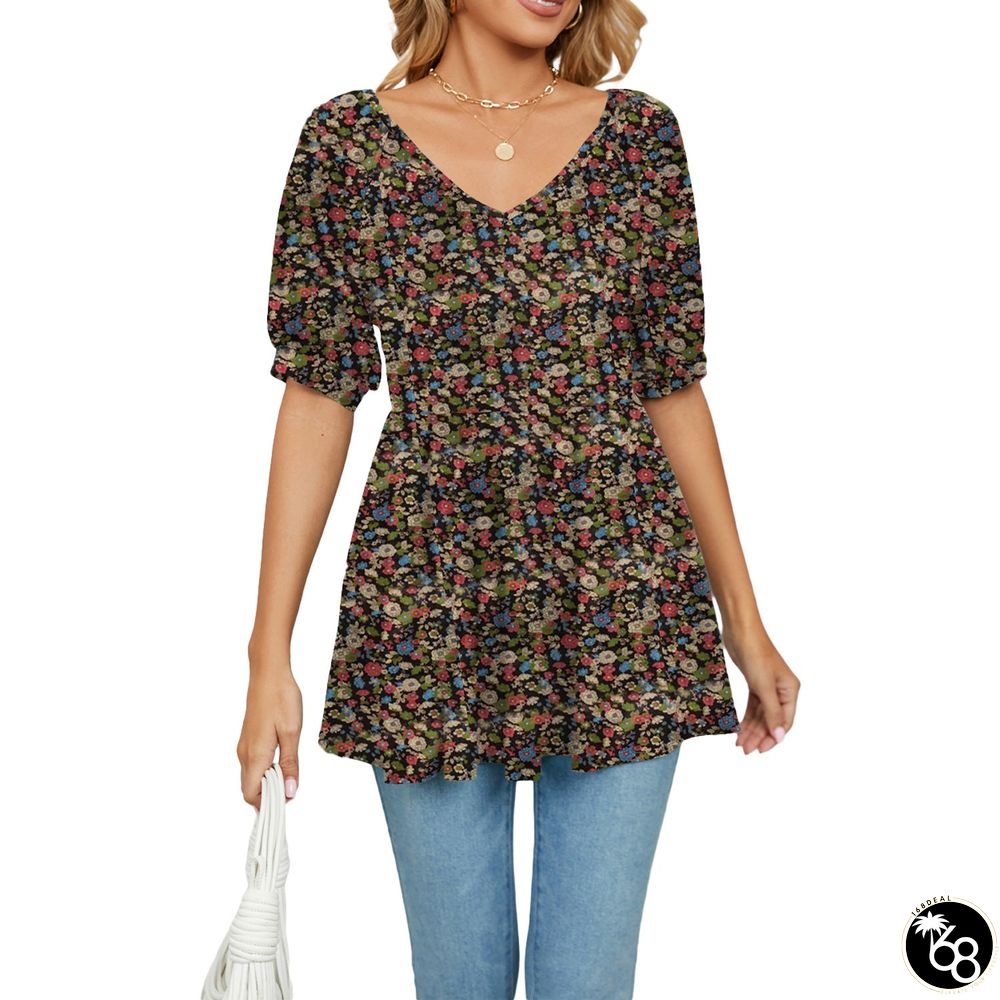 Women's V-neck Printed Puff Sleeve Waist Blouses | 168DEAL
