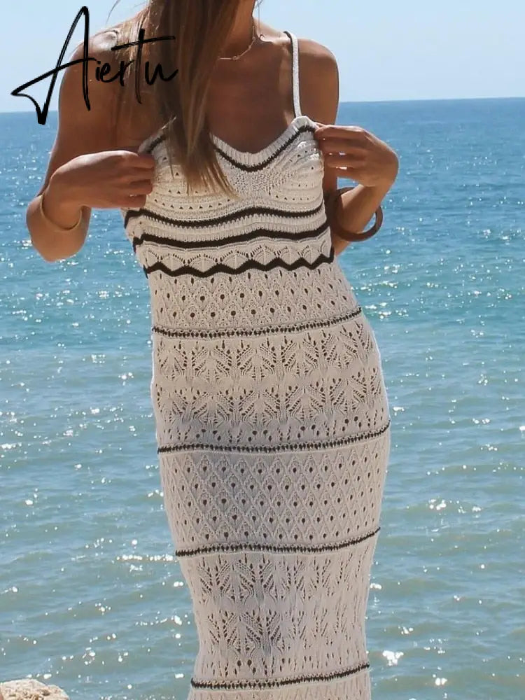 Summer New Dress Women's Beach Style Knitted Slim Fit Slim Strap Long Dresses Color Knitted Hollow Elegant Tight Vestidos Aiertu