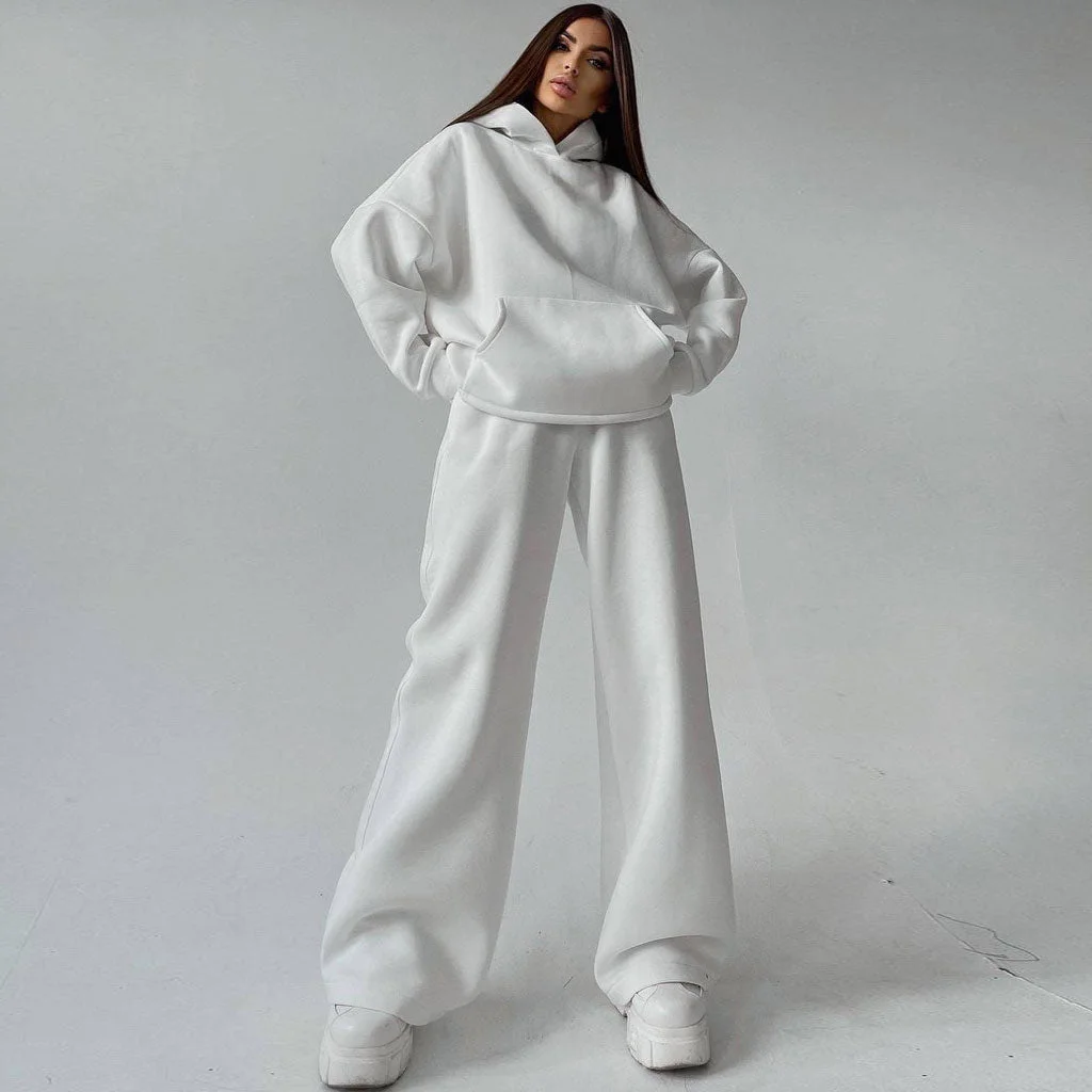 Athletic Solid Long Sleeve Wide Leg Hoodie Matching Set - White