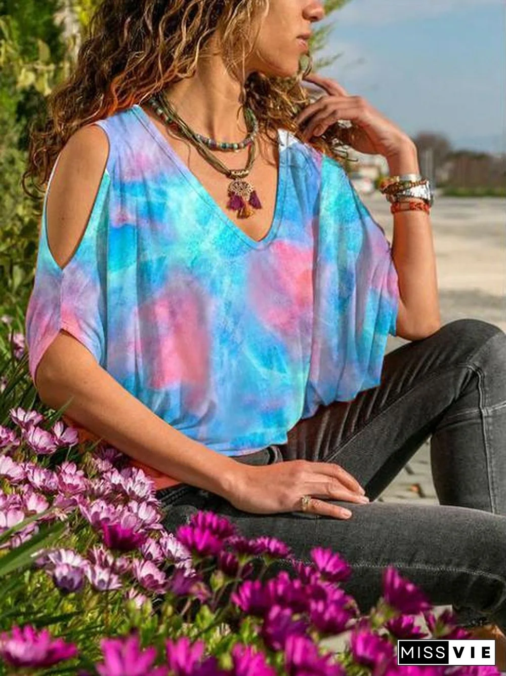 Tie-Dye Print Cold Shoulder Tops