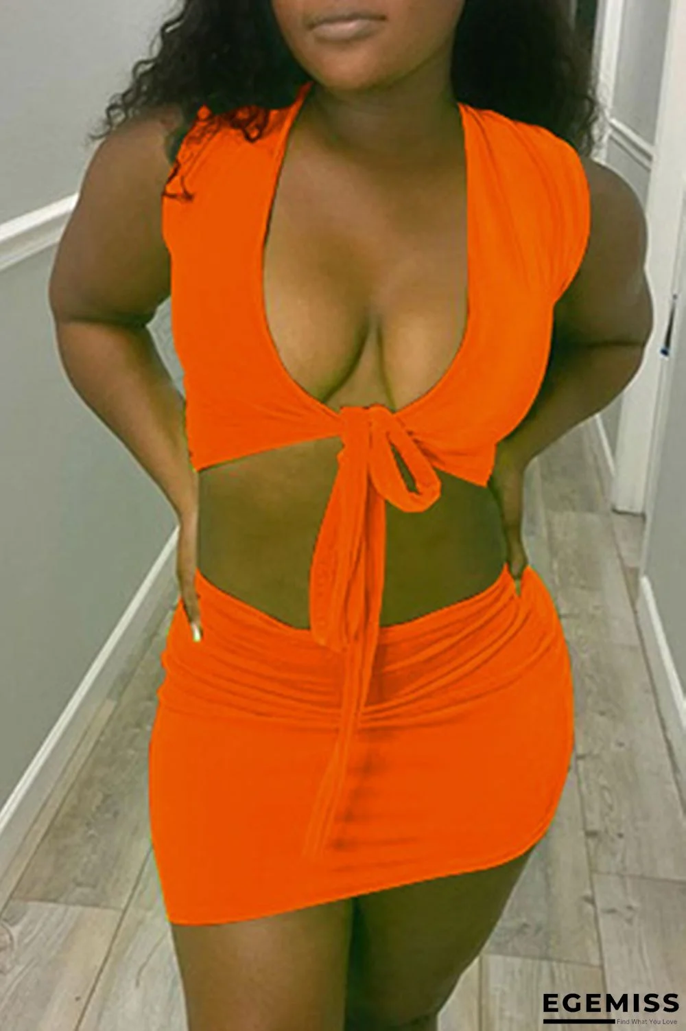 Orange Fashion Sexy Solid Strap Design V Neck Short Sleeve Two Pieces | EGEMISS