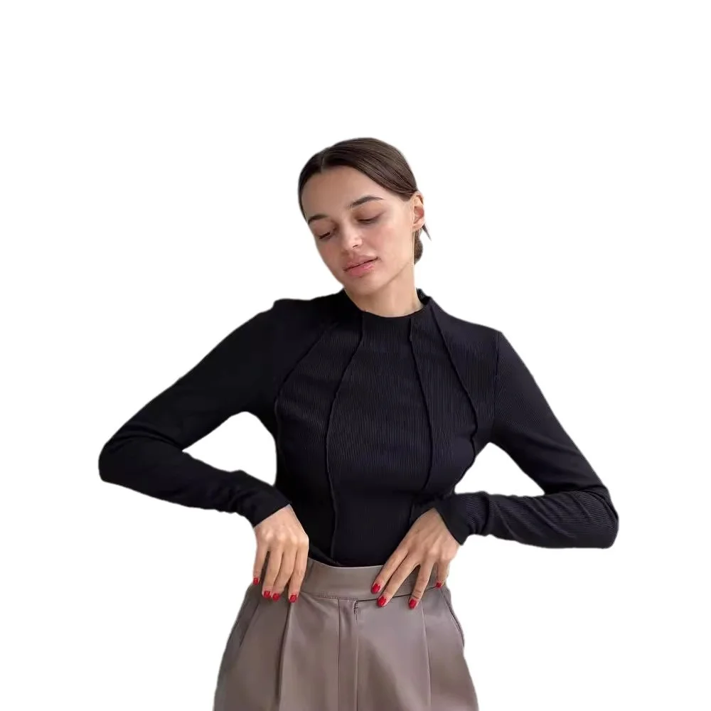 Uveng Uveng Bottom Shirt Autumn Winter Round Collar Tight Edge T-Shirt Female Tight Casual Sexy Jacket Female