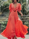Plunging Backless Puff Sleeves Maxi Dress
