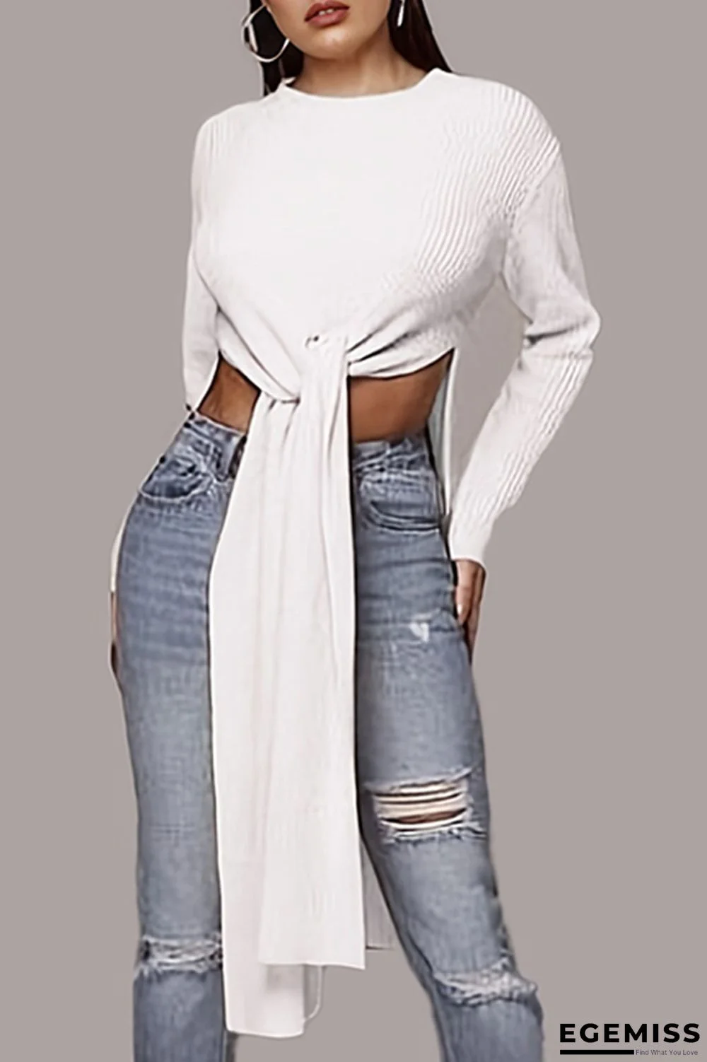Cream White Casual Solid Slit O Neck Tops (Without Belt) | EGEMISS