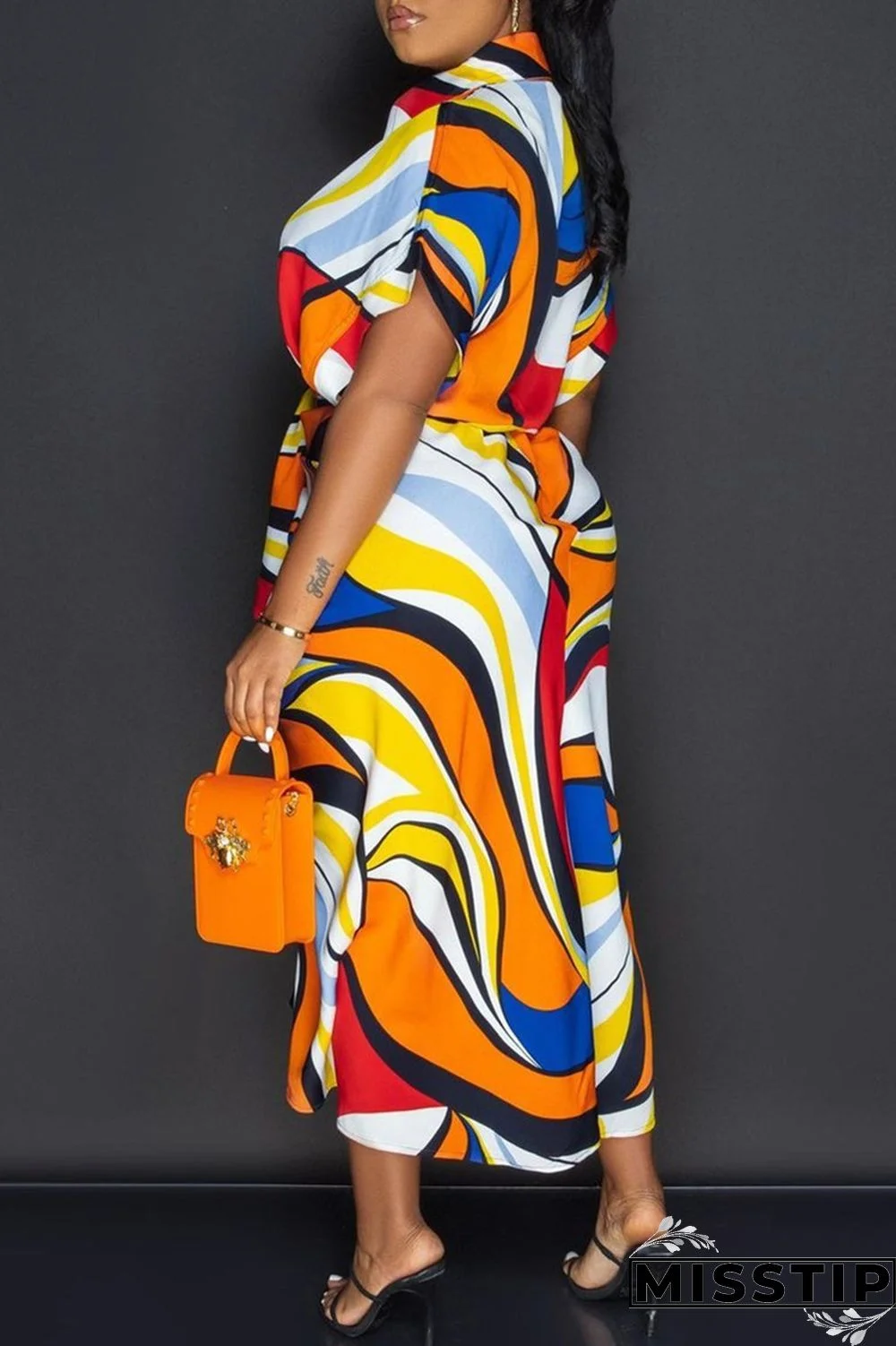 Blue Fashion Casual Print Patchwork Turndown Collar Shirt Dress