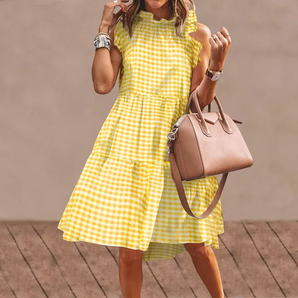 S-XXL Womens Long-Sleeved Holiday Party Maxi Dress Summer Ruffled Cuff Vintage Plaid Tank