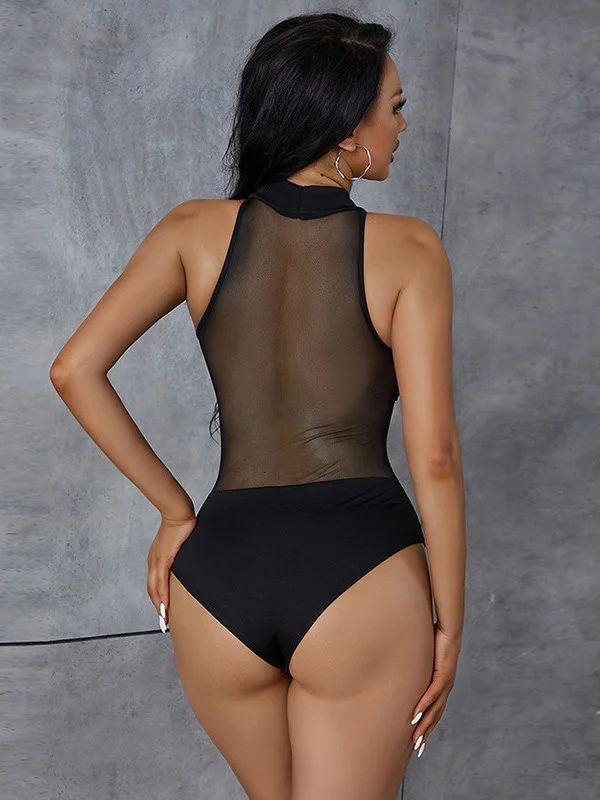 Uveng 2024 Summer New Women's Sexy Perspective Mesh T-Shirt Bump Color Splicing Repair Body-Joint Clothing Woman