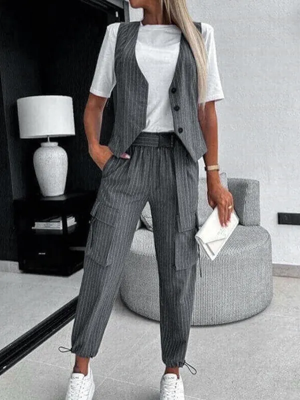 Loose Buttoned Striped V-Neck Vest Top + Drawstring Pockets Ninth Pants Pleated Pants Bottom Two Pieces Set