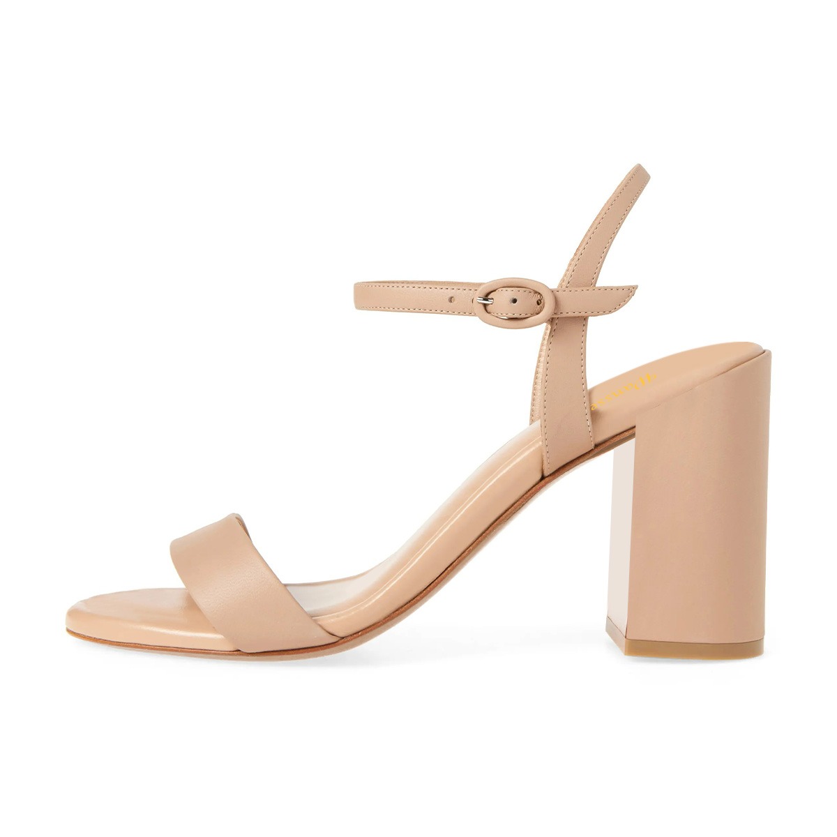 Faux Leather Open Round Toe Block Heel Ankle Strap Nude Sandals Nicepairs