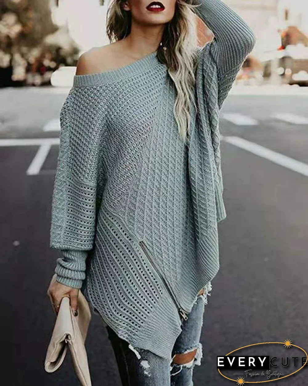 Solid Zipper Side Slit Batwing Sleeve Knit Sweater