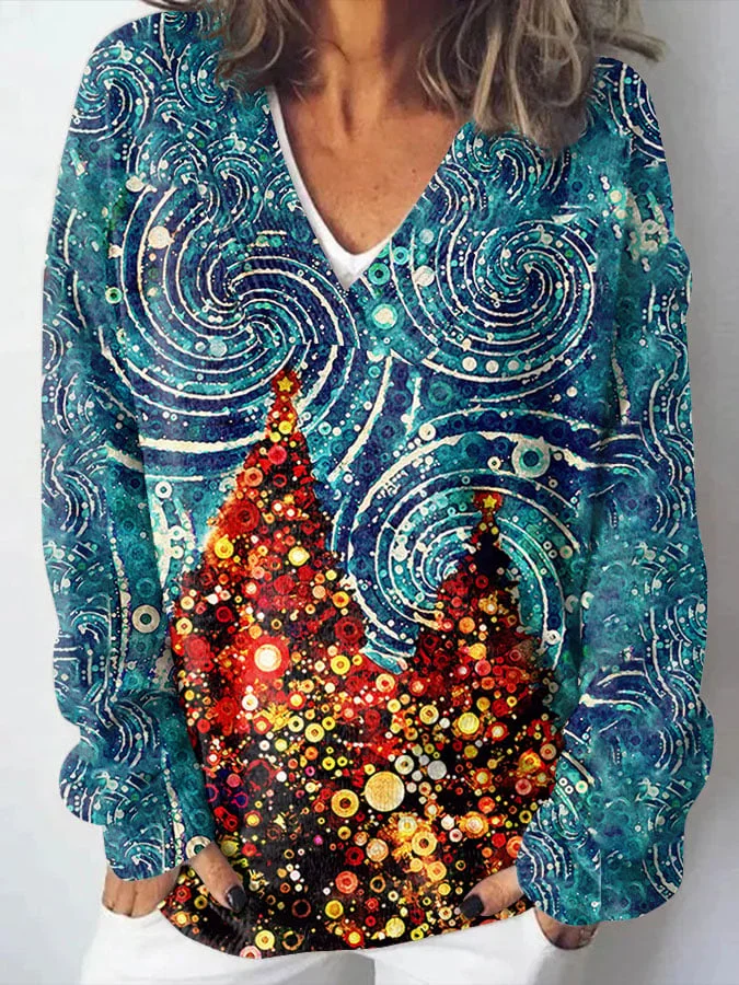 Women's Christmas Tree Starry Sky Painting V-Neck Knitted Casual Sweater