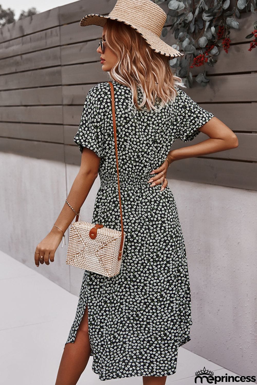 Floral Tie Front Slit Dress