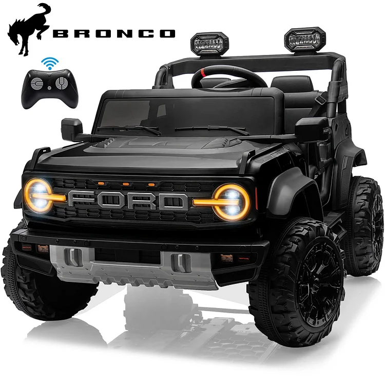 24V 2 Seater Ride on Cars, Licensed Ford Bronco Raptor Ride on Truck Toy with Remote Control, Powered Kids Car Electric Vehicles with Bluetooth/Music Player/LED Light/4 Wheel Spring Suspension, Black