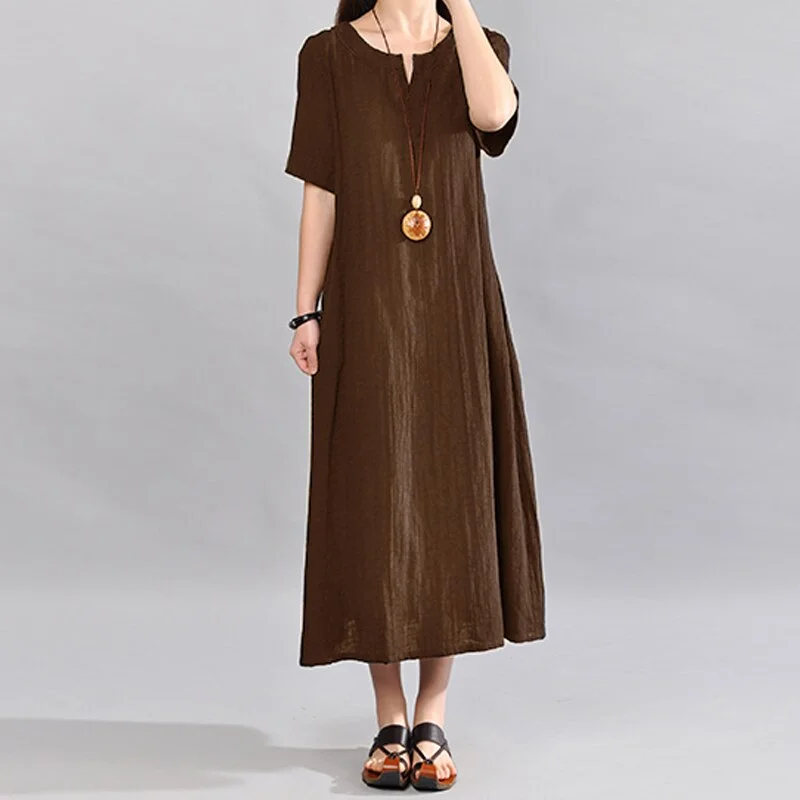 Celmia Women Vintage Linen Dress 2022 Summer V Neck Short Sleeve Solid Pockets Casual Loose Midi Dresses Oversized Vestidos