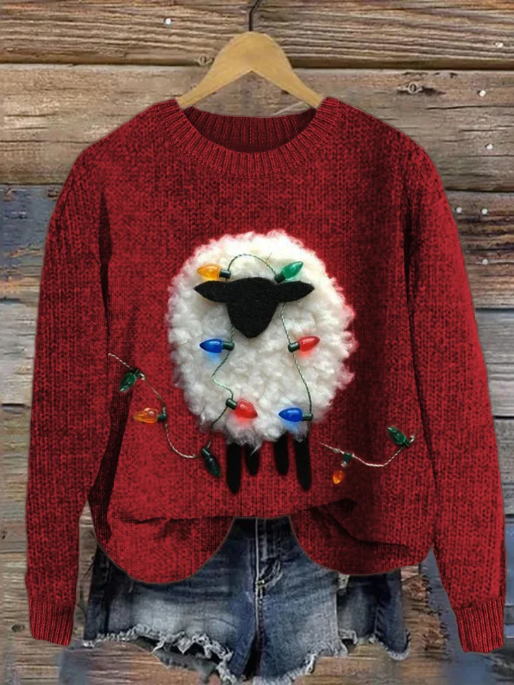 VChics Fuzzy Sheep with Christmas Lights Fleece Cozy Knit Sweater