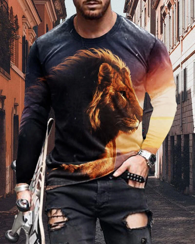 Men's Fashion Lion Stitching Printing Long-sleeved T-shirt