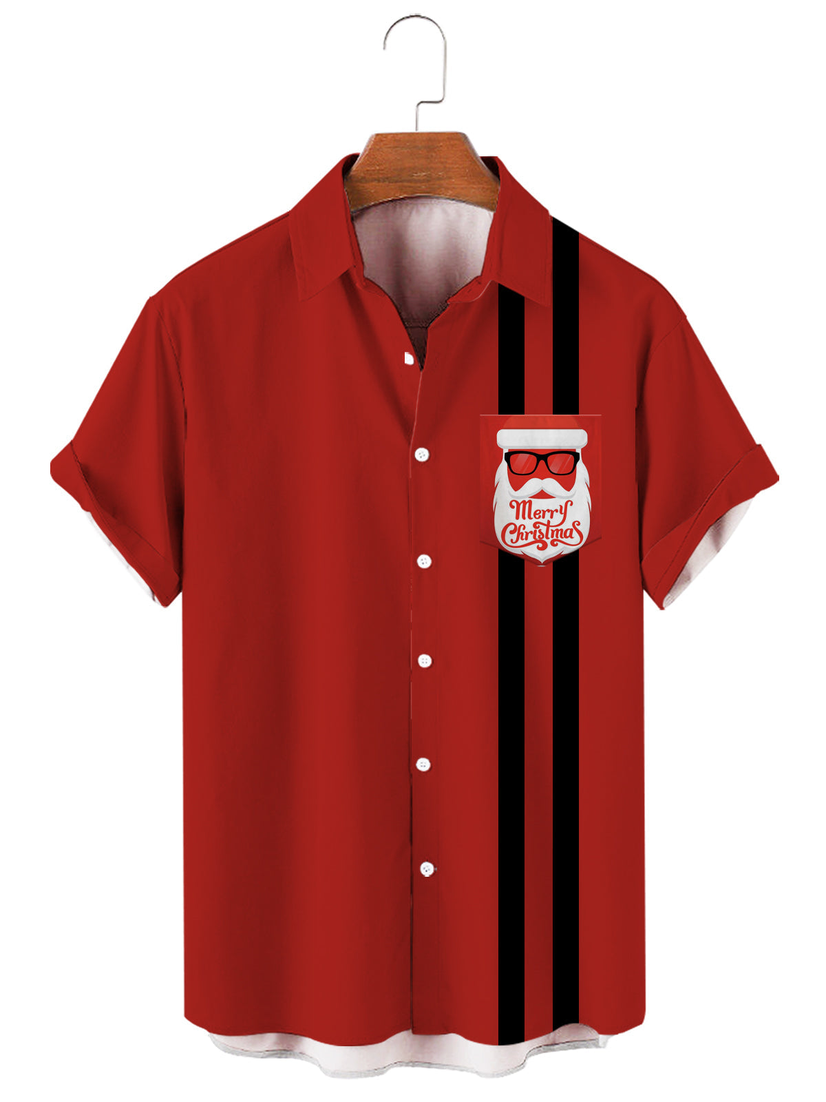 Men Christmas Father Joy Print Pocket Front Short Sleeve Shirt PLUSCLOTHESMAN