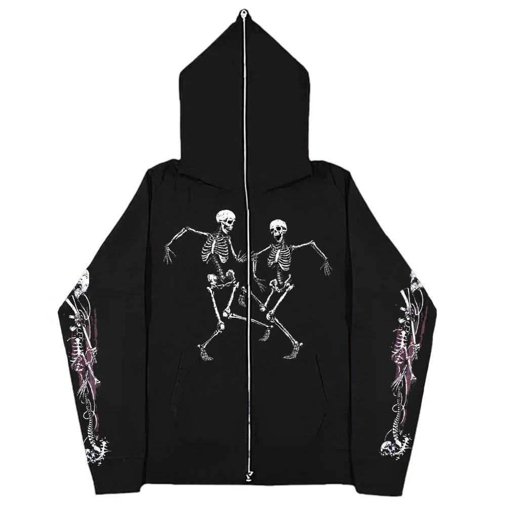 Hip Hop Skull Print Gothic Dark Zipper Sweatshirt Loose Full Zip Up Hoodie