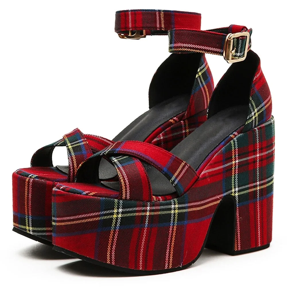 BONJOMARISA Big Size 43 Peep Toe Plaid Red Platform Chunky high-heeled women's Sandals Summer Punk Party Dress Round Toe Shoes