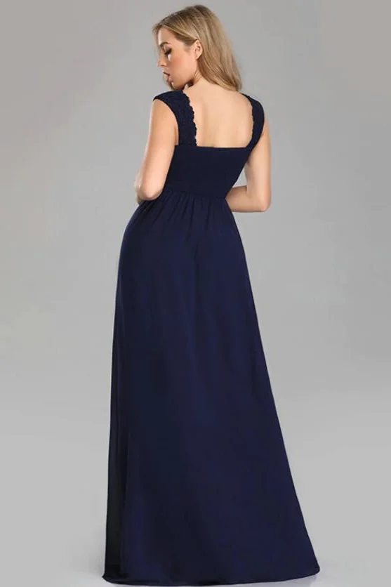 Gorgeous Navy Blue Lace Prom Dress Long V-Neck Beadings Evening Gowns