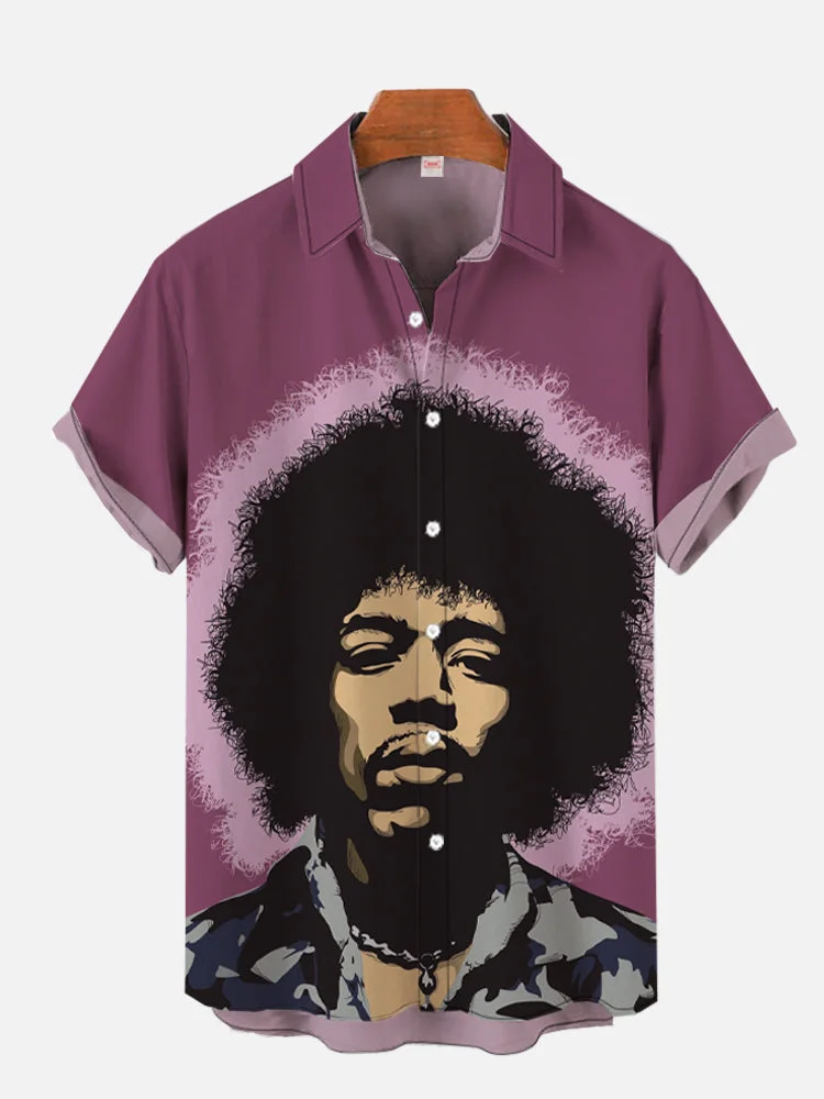 Men's Purple Jimi Hendrix Band Music Printing Short Sleeve Shirt