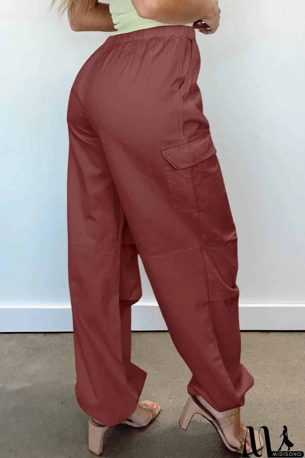 MidiSono - Mineral Red Solid Color Drawstring Waist Wide Leg Cargo Pants