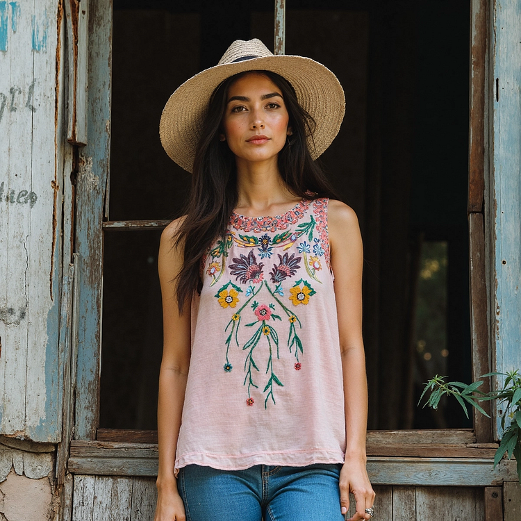 Vintage Flowers Embroidery Art Linen Sleeveless Top
