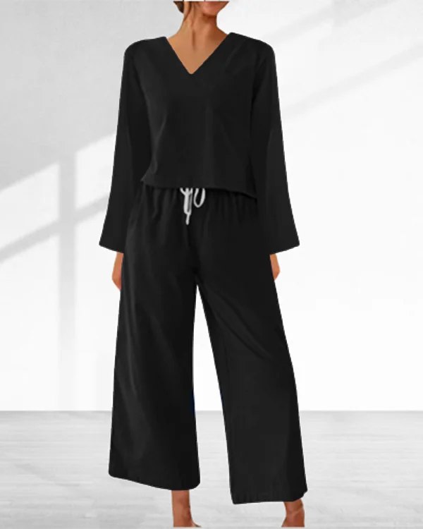 Casual and Comfortable Long Sleeve Solid V Neck Two-piece Suit