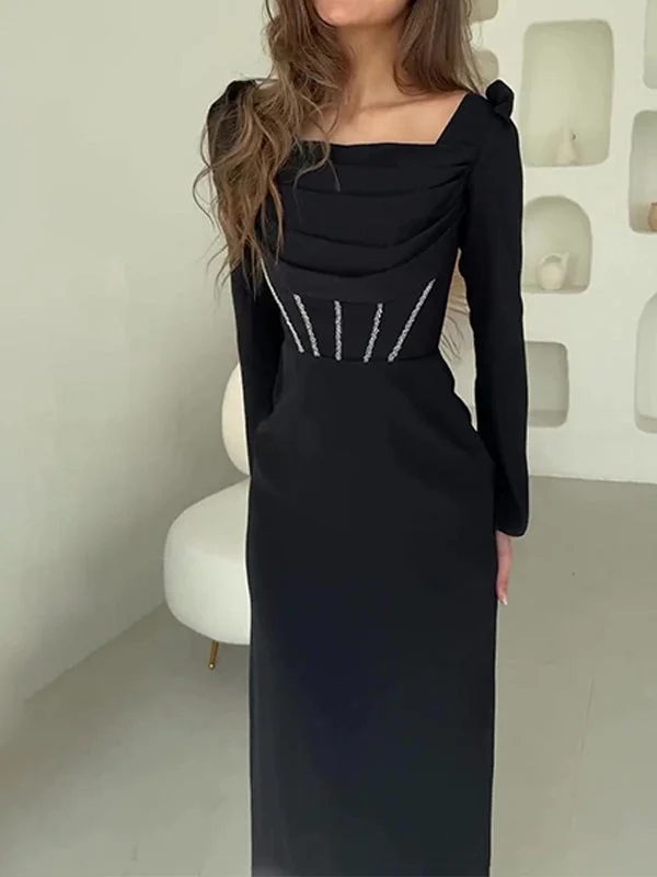 Style & Comfort for Mature Women Women's Long Sleeve Square Collar Striped Slit Midi Dress