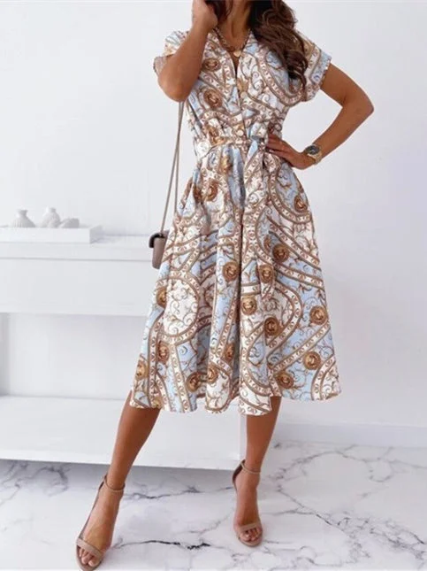 V-neck short-sleeved elegant shirt dress