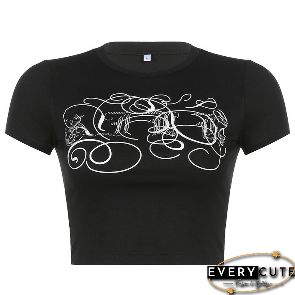 Printed Hot Rhinestone Slim Slimming Round Neck Short-Sleeved Top