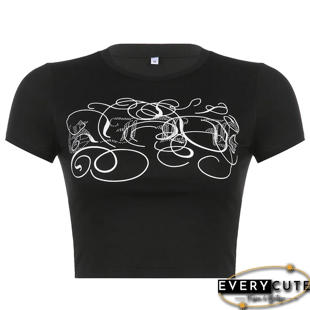 Printed Hot Rhinestone Slim Slimming Round Neck Short-Sleeved Top