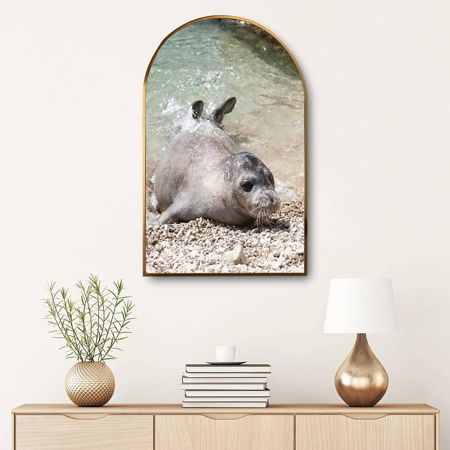 Large Framed Canvas Wall Art for Living Room Decor Aesthetic Mediterranean monk seal Minimalist Artworks Paintings Prints Home Office Bedroom Golden,Gold