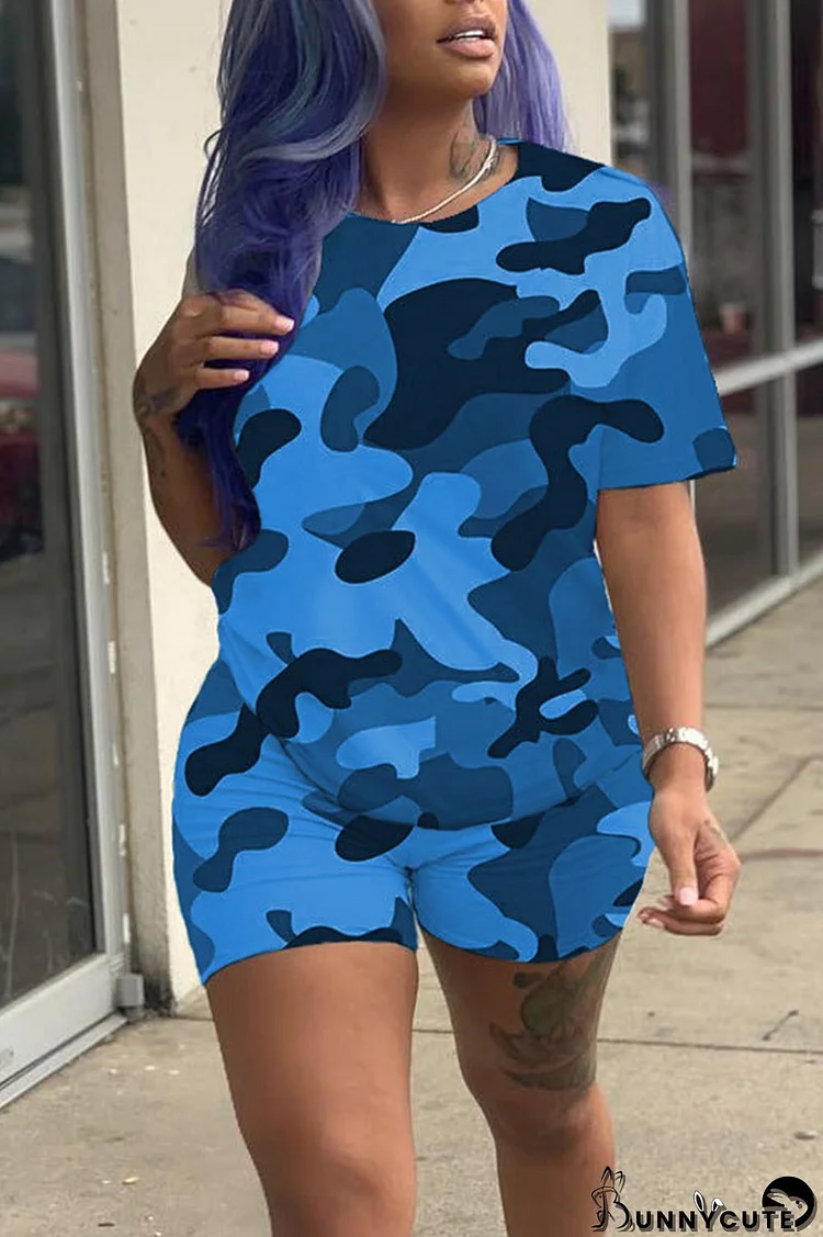 Blue Casual Print Patchwork O Neck Short Sleeve Two Pieces