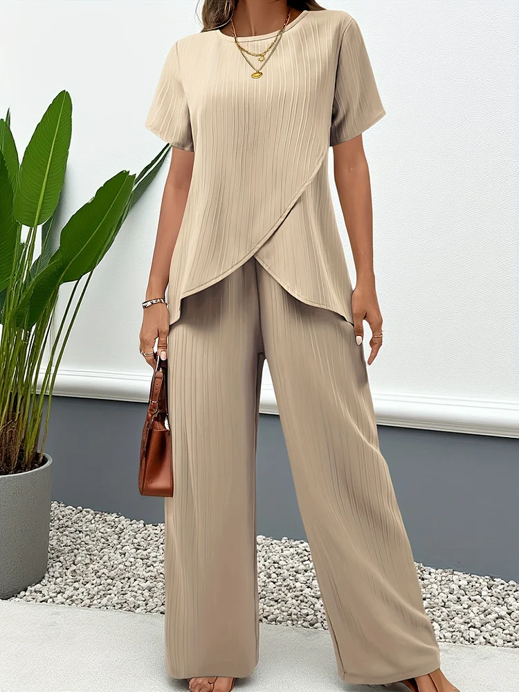 Women's Clothing 2025 Fashion Summer European And American Two-Piece Short-Sleeved Round Neck Loose Casual Irregular Suit