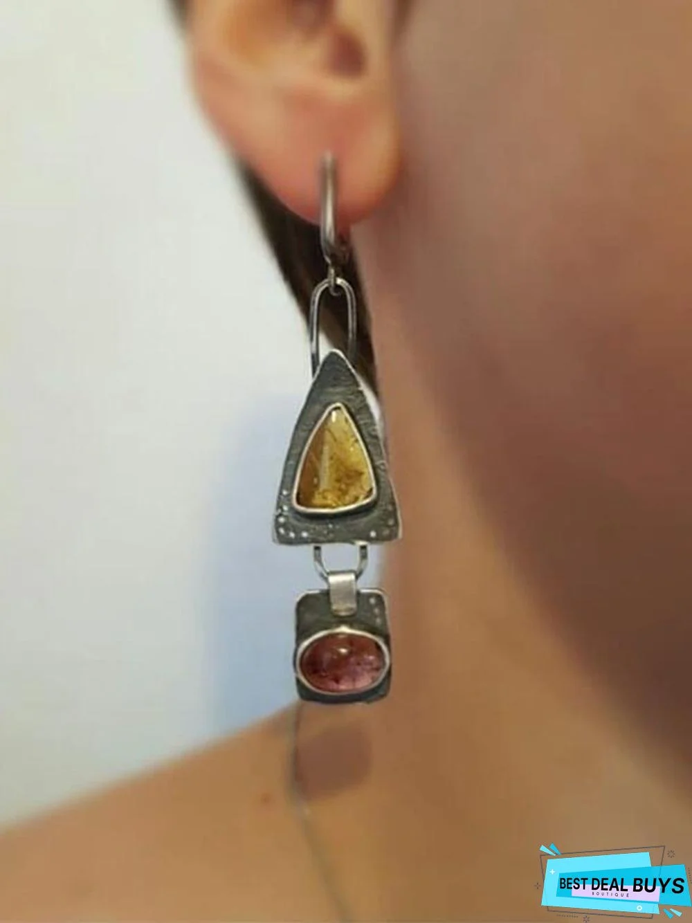 Ethnic Vintage Inlaid Colorful Gem Geometric Earrings Bohemian Holiday Jewelry