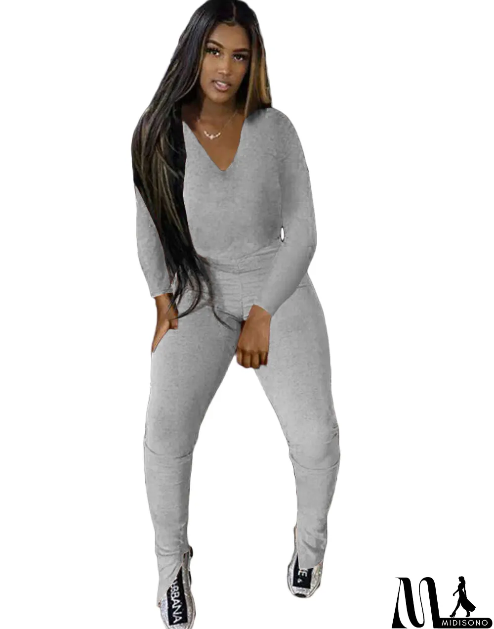 MidiSono - Autumn Solid Plain V-Neck Shirt and Matching Pants Set