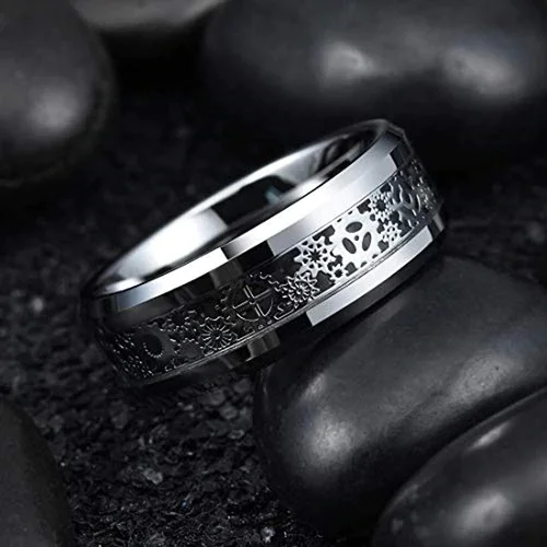 6MM 8MM Women's or Men's Tungsten Carbide Wedding Watches Gear Rings Silver With Silver Watch Gear Resin Inlay Design Over Black Carbon Fiber