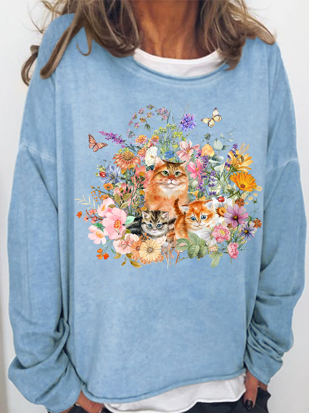 Women's Floral Vintage Garden Cat Crew Neck Cotton-Blend Casual Sweatshirt socialshop