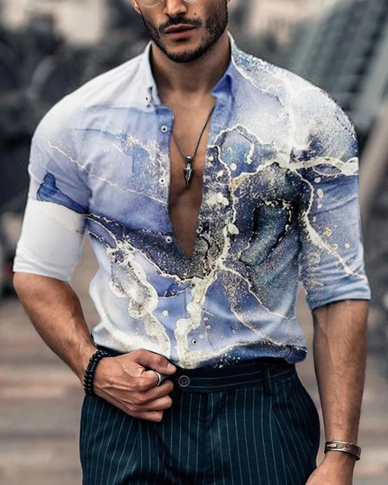 Men's Fashion Marble Printing Long-Sleeved Shirt